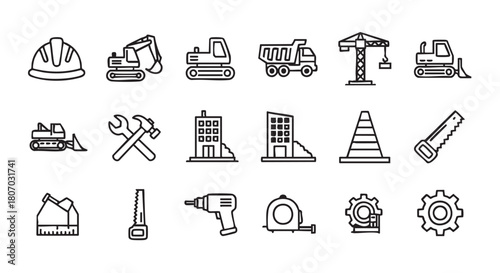 Construction and Building Icons Set in Black and White Simple Style