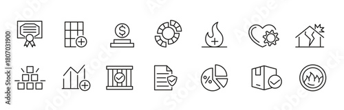 Insurance line icon set. Includes strategy, natural disaster, emergency, decision, prevention, paid, vacation, pension, financial security, personal.