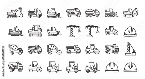 Construction vehicle icon set in simple black outline design style
