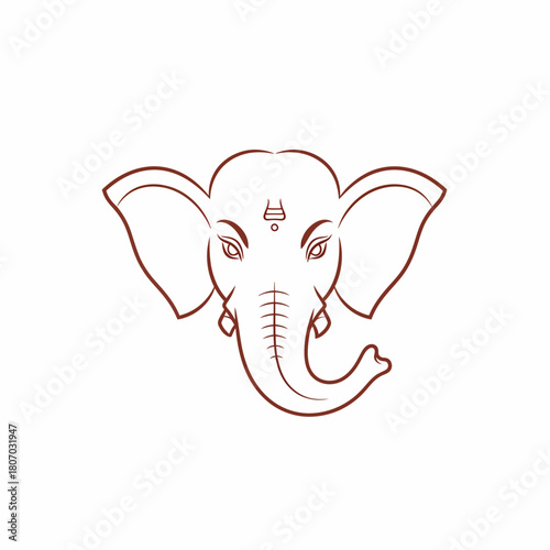 Minimalist brown line art illustration of the Hindu deity Ganesha's head, featuring a trunk, large ears, and forehead mark.