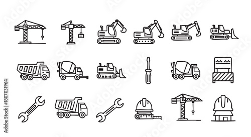 Construction Vehicles and Tools Doodle Set on White Background Vector Illustration