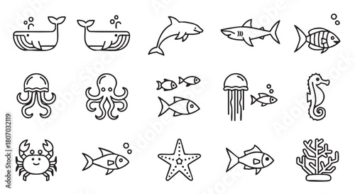 Cute sea animals vector icon set black and white design