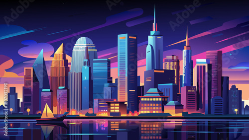 Very beautiful aerial night view of the Lower Manhattan skyline, showcasing shimmering skyscrapers, glowing windows, reflective waters, and a dramatic urban atmosphere under the deep evening sky.