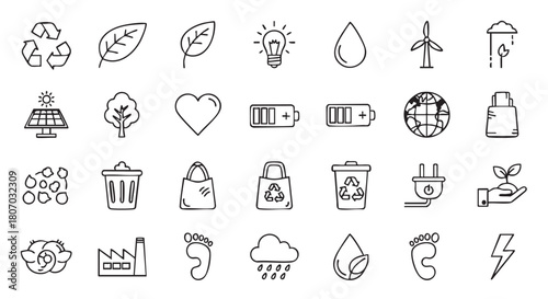 Doodle style set of eco friendly nature related icons concept