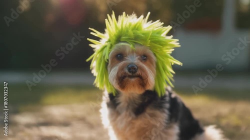 Yorkshire Terrier Dog Wearing a Spiky Green Wig Outdoors animal