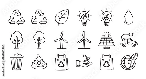 Environmental icons showing recycling renewable energy and waste reduction concepts