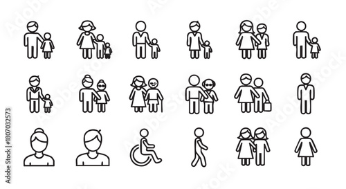 Family and accessibility icons diverse representation of people in outlines