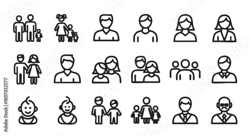 Family and people icon set diverse relationships and life stages illustration