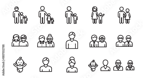 Family life and relations represented by vector line art style icons