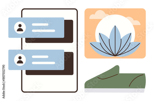 Chat messages for digital interaction, sunrise behind a lotus for mindfulness, shoe for activity. Ideal for communication, wellness, meditation, fitness, balance, positivity simple flat metaphor