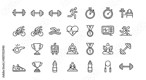 Fitness and sports outline icon set for triathlon training and competitions