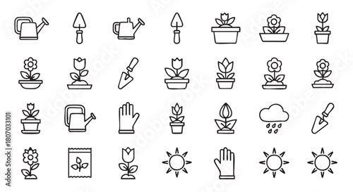 Gardening Tool and Flower Icons Set Outline Style Illustration Vector