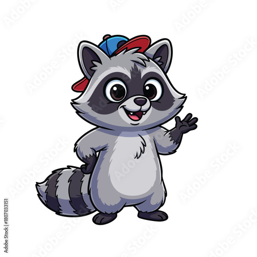 Cartoon Raccoon Wearing Red and Blue Hat