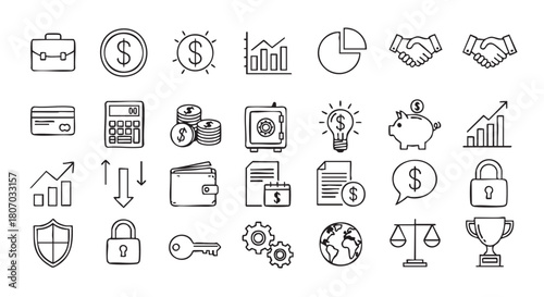 Hand drawn business and finance icons symbolizing various economic activities
