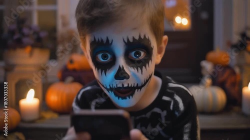 Young boy in skeleton costume with face paint looking at a smartphone on a porch with pumpkins halloween