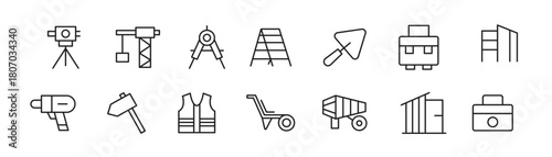 Labor and Industrial line icon set. Includes engineer, construction tools, labour, construction vehicles, villa, heavy, effort, difficult, task, carry, society line icon set. UI thin line icon pack.