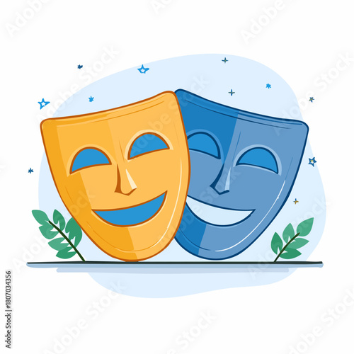 Two theatrical masks, one gold and one blue, symbolize comedy and tragedy.