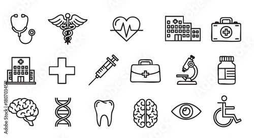 Medical symbols collection in outline style for healthcare and wellness themes