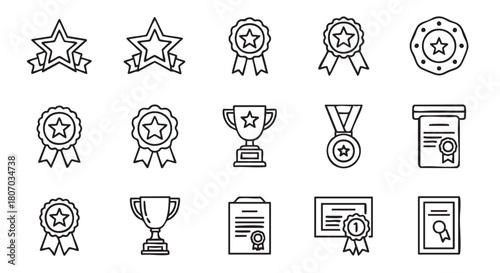 Minimalist line art depicting awards and recognition symbols on white background