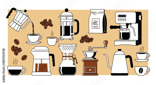 Assortment of coffee brewing equipment and elements, including beans, cups, and appliances illustration