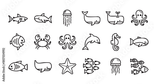 Ocean Creature Icon Set in Black and White Minimalist Style