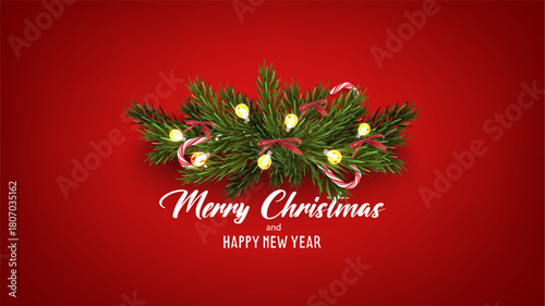 Christmas and Happy New Year celebration banner  with green fir tree with lights and red bows on red background.