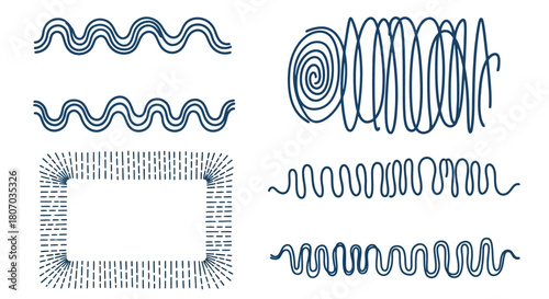 Collection of Abstract Decorative Elements and Design Borders in a Blue Monochrome Style