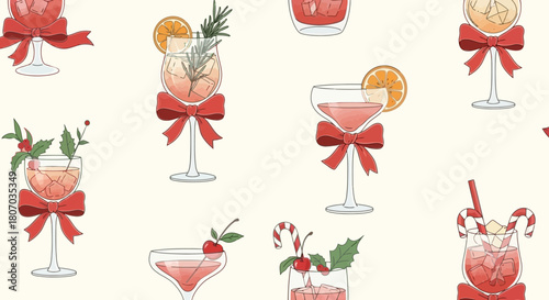 Festive Cocktails A Holiday Celebration of Delicious Mixed Drinks and Garnishes on a Cream Background