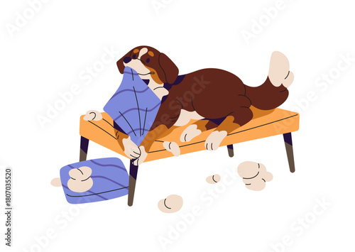 Cute naughty dog destroys house, furniture. Hyperactive puppy torns, chewing pillows. Happy pet with unwanted, inappropriate behavior does mess, damage. Flat isolated vector illustration on white.