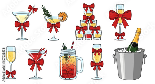 Festive Cocktails and Drinks Collection with Red Bow Decorations for Holiday Celebrations