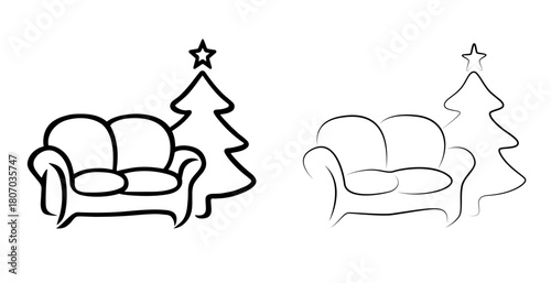 Set of Christmas cozy sofa and fir tree line art vector 