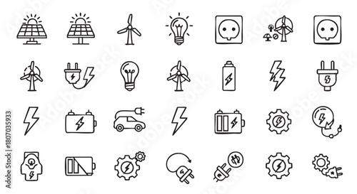 Renewable energy icons set ecology concept thin line drawing style