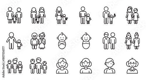 Set of family icons depicting relationships and life stages