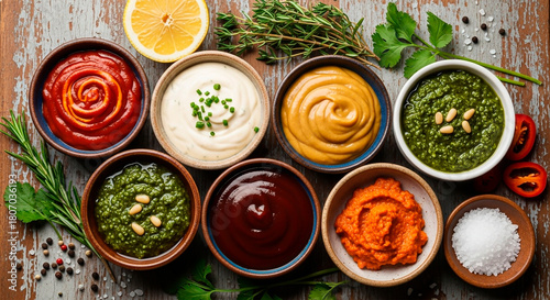 Top view of assorted dipping sauces with herbs and spices