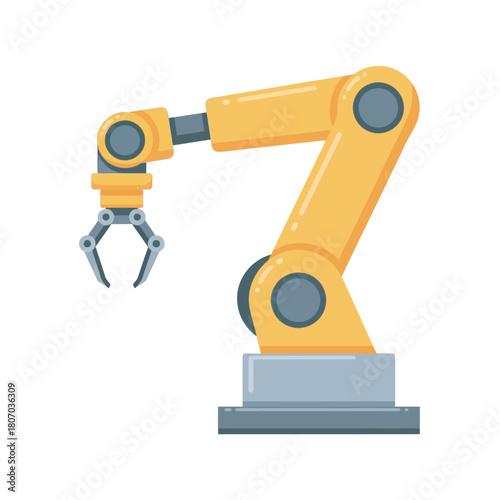 Yellow industrial robotic arm with a mechanical gripper isolated on a white background.