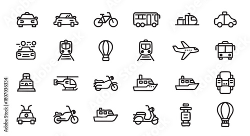 Set of Transportation Icons in Black and White Vector Illustration