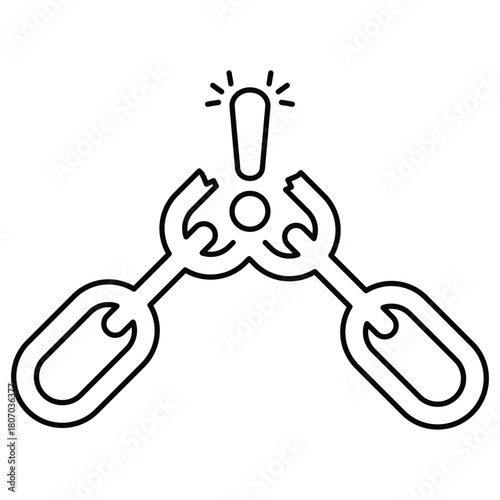 thin line exclamation mark like broken chain icon. flat stroke art trend modern linear disruption logotype graphic design isolated on white background. concept of system error or unleash or disconnect