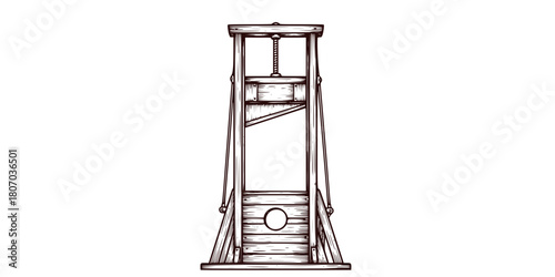 Vintage Guillotine Execution Device Hand Drawn Etching. French Revolution, Black & White Outline Line Art, History, & Justice Graphic.
