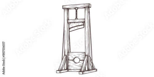 Vintage Guillotine Execution Device Hand Drawn Etching. French Revolution, Black & White Outline Line Art, History, & Justice Graphic.
