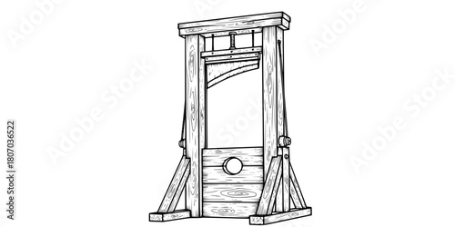 Vintage Guillotine Execution Device Hand Drawn Etching. French Revolution, Black & White Outline Line Art, History, & Justice Graphic.
