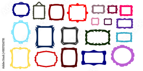 Doodle hand drawn frames with irregular uneven shapes, curved picture and painting frameworks, organic forms, colorful squares with wavy rough edges, wavy irregular rectangles