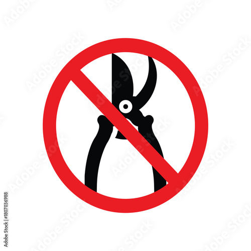 Prohibition sign with garden pruner, indicating that the use of pruners is not allowed