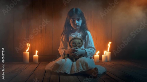 Young Girl in White Dress Holding Doll Surrounded by Candles in Dark Room child teddy bear