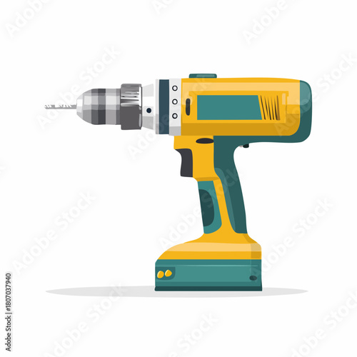 A detailed illustration of a yellow and teal cordless power drill, isolated on white.