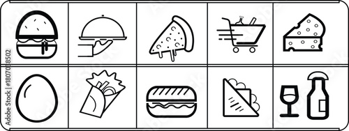 A collection of ten bold black and white outline icons representing common food and drink items, including a burger, serving platter, pizza slice, shopping cart (fast delivery), cheese wedge, egg, etc