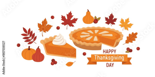 Pies Vector Illustration.Thanksgiving and Holiday Pumpkin Pie. Happy Thanksgiving Day traditional pumpkin pie with whipped cream on the top Web site page and mobile app design vector element 