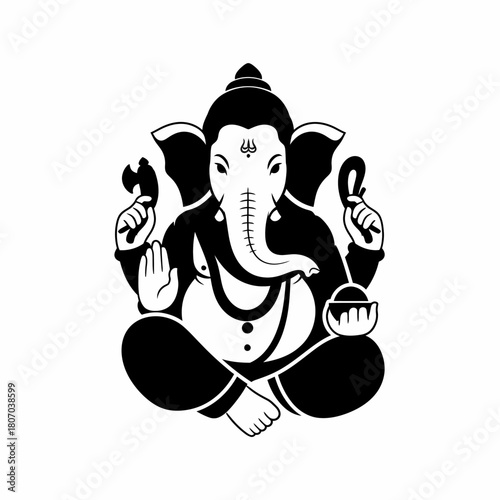 A stylized black and white illustration of the Hindu deity Ganesha in a seated posture.