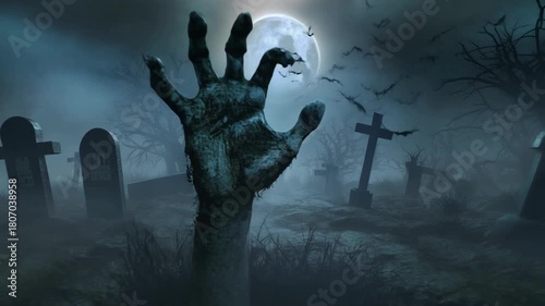 Zombie hand emerging from a grave in a foggy graveyard with bats flying under a full moon halloween