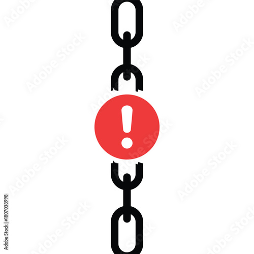 black broken chain with failure icon like exclamation. flat modern disruption logo element graphic design isolated on white background. concept of online system error or unleash or easy disconnect