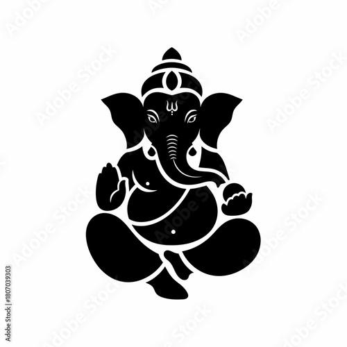 Black silhouette of Lord Ganesha in a seated lotus position, a Hindu deity known for wisdom and prosperity.